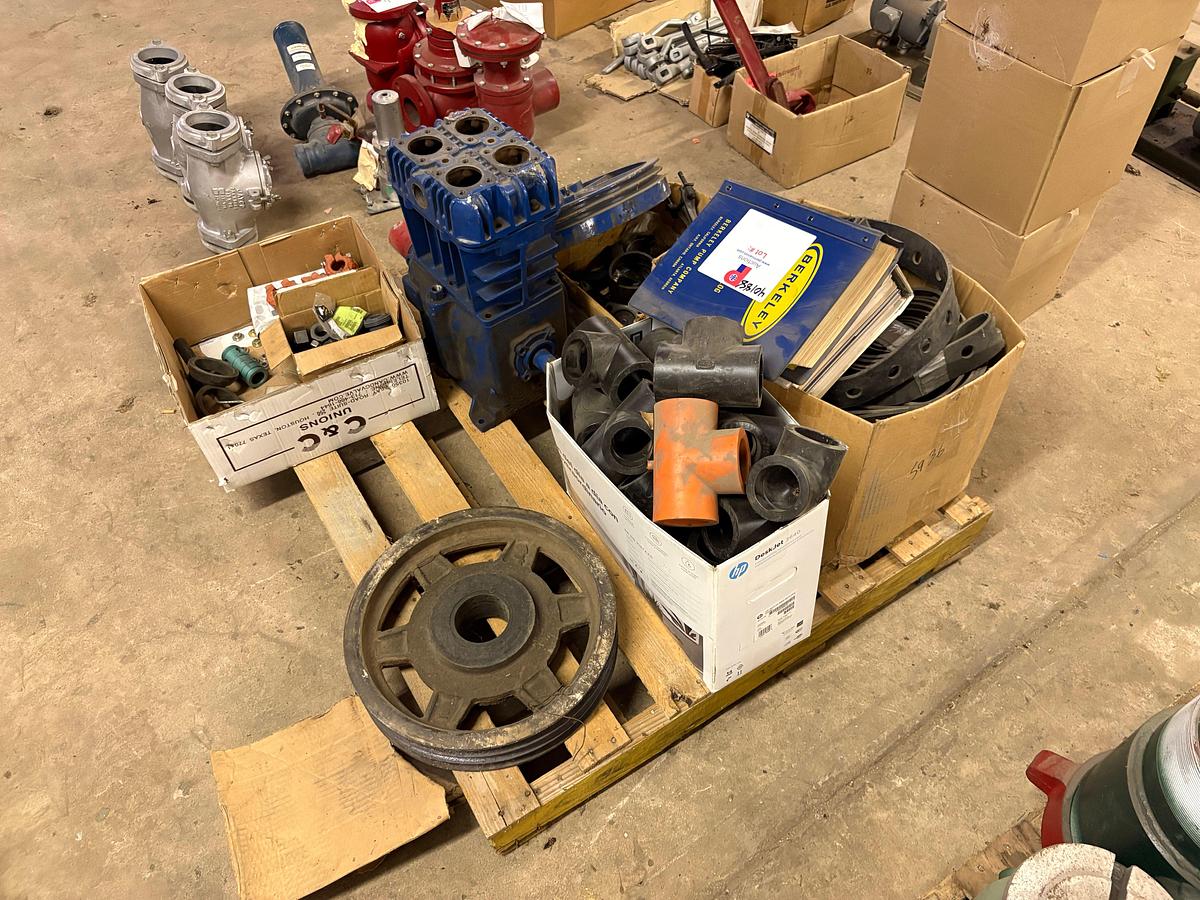 Used Pallet w/ assorted air compressor parts, pump catalogs, & (3) boxes Xtreme solution cleaner