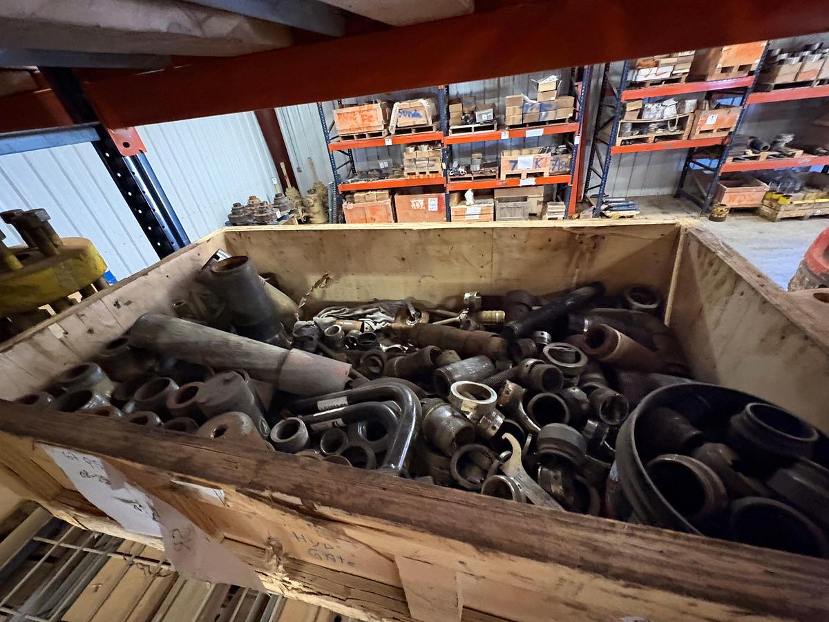 Used (4 shelves) of assorted single stud adapters, 4” to 7” spools, hydraulic valve actuators, etc