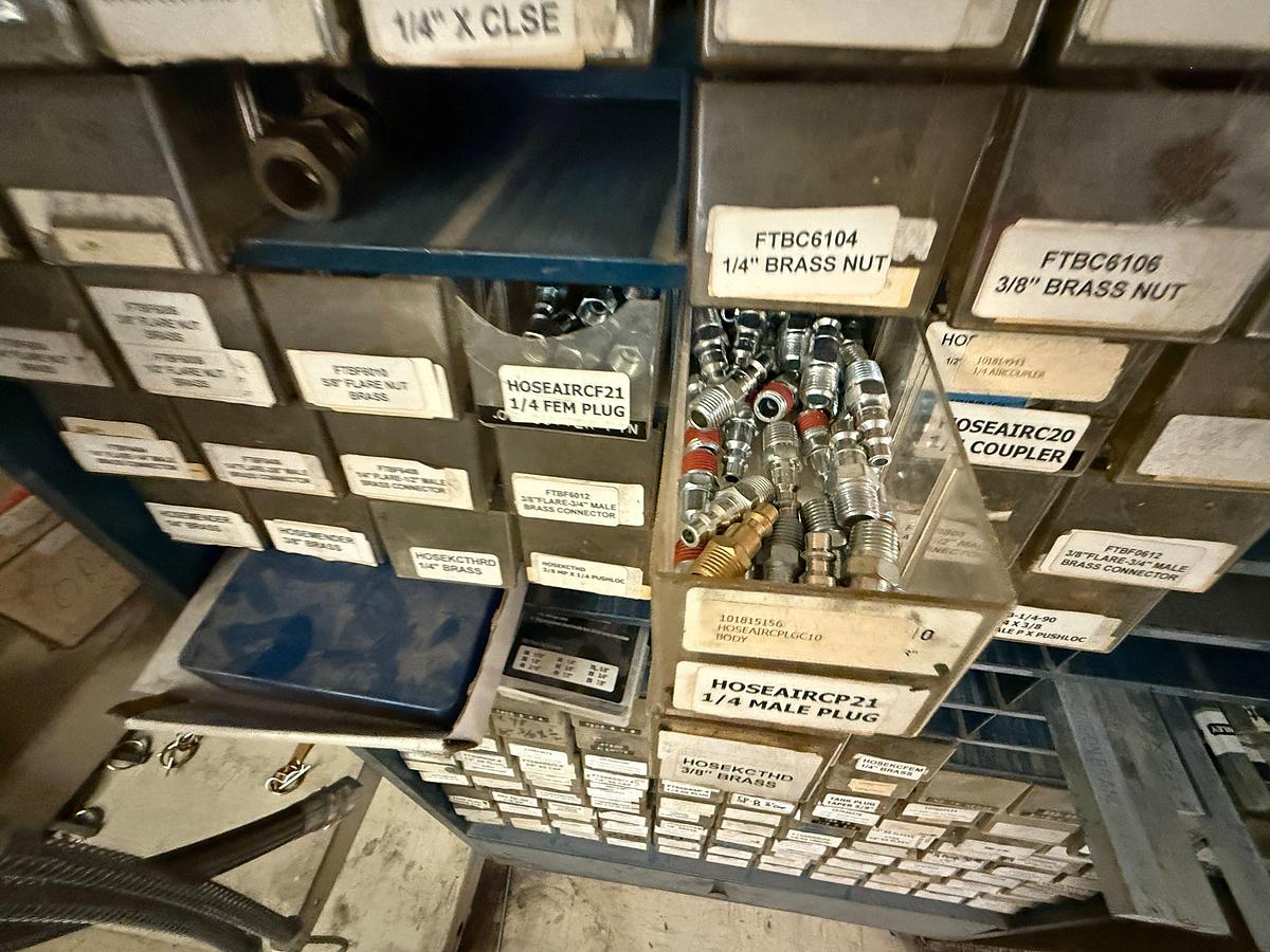 Used BRASS FITTING BIN W/ CONTENTS OF 1/8” THRU 1/2” COPPER TUBING FITTINGS