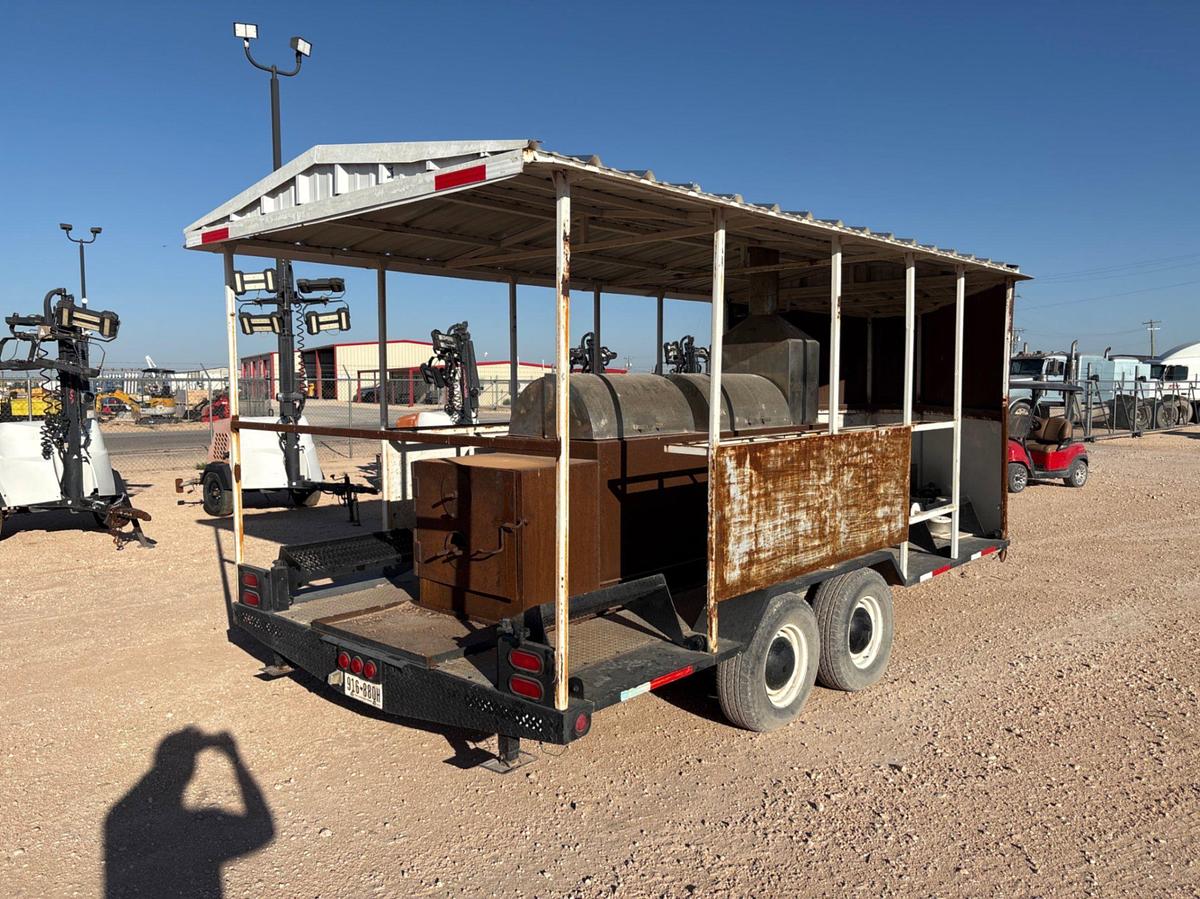 Used SHOPBUILT 18’ x 100” t/a bumper pull BBQ trailer