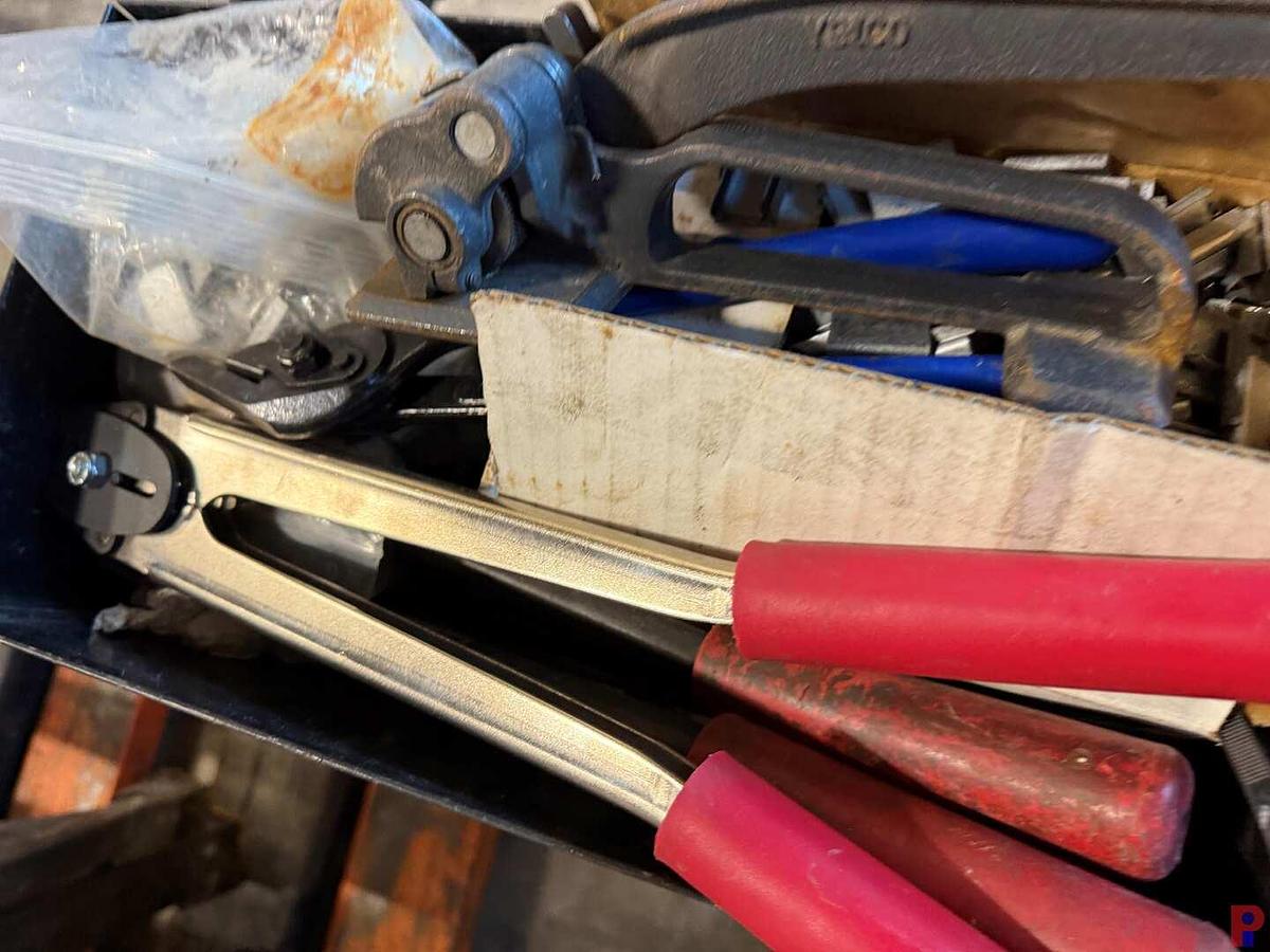 Used LOT W/ DAYTON 5RRY5 2,200 LB CAP. ELEC. PALLET JACK, (2) 6’-7’ LADDERS, MANUAL PALLET JACK, BANDING CART W/ TOOLS & CLAMPS