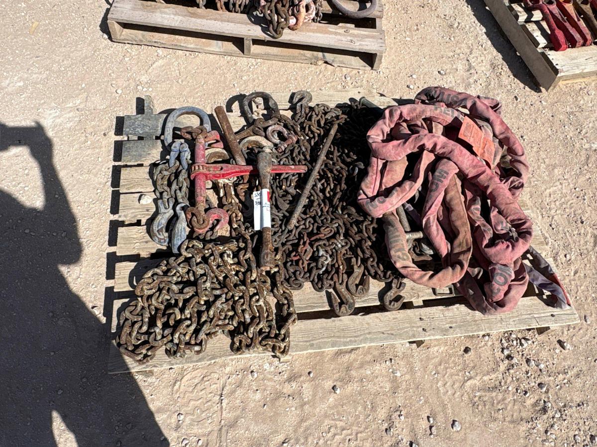 Used Pallet of assorted chains, sling restraints, chain binders