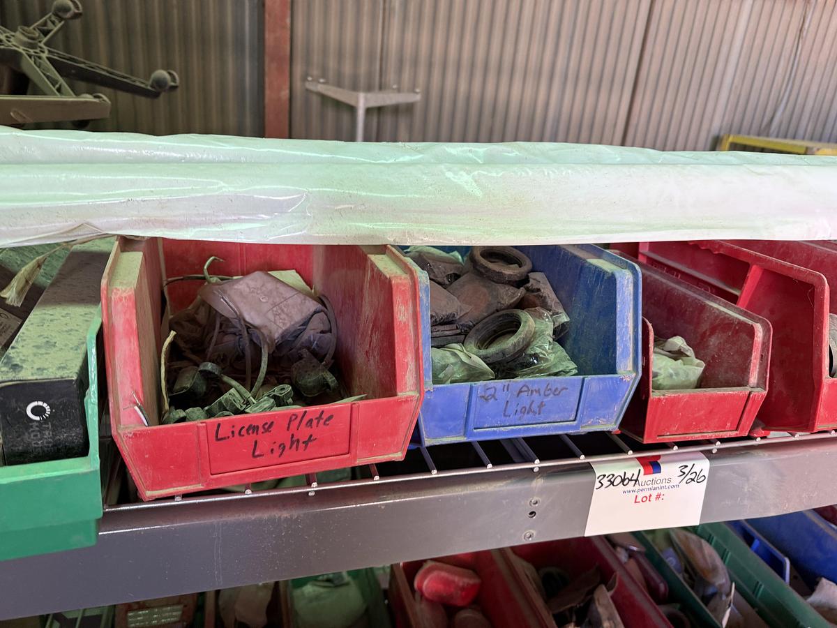 Used 96”L X 24”W X 72”H 3-SHELF RACK, (1) 24-COMP. FITTING BIN, & (1) 4-ROW ELECTRIC WIRE REEL RACK, ALL W/ TRUCK PART & RELATED