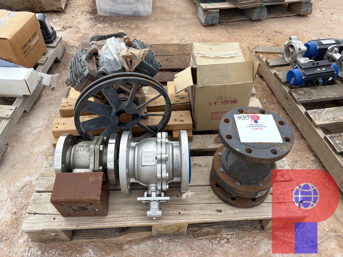 Used PALLET W/ (3) CHECK VALVES, (2) NEW 4” EXPANSION JOINTS & COMPRESSOR