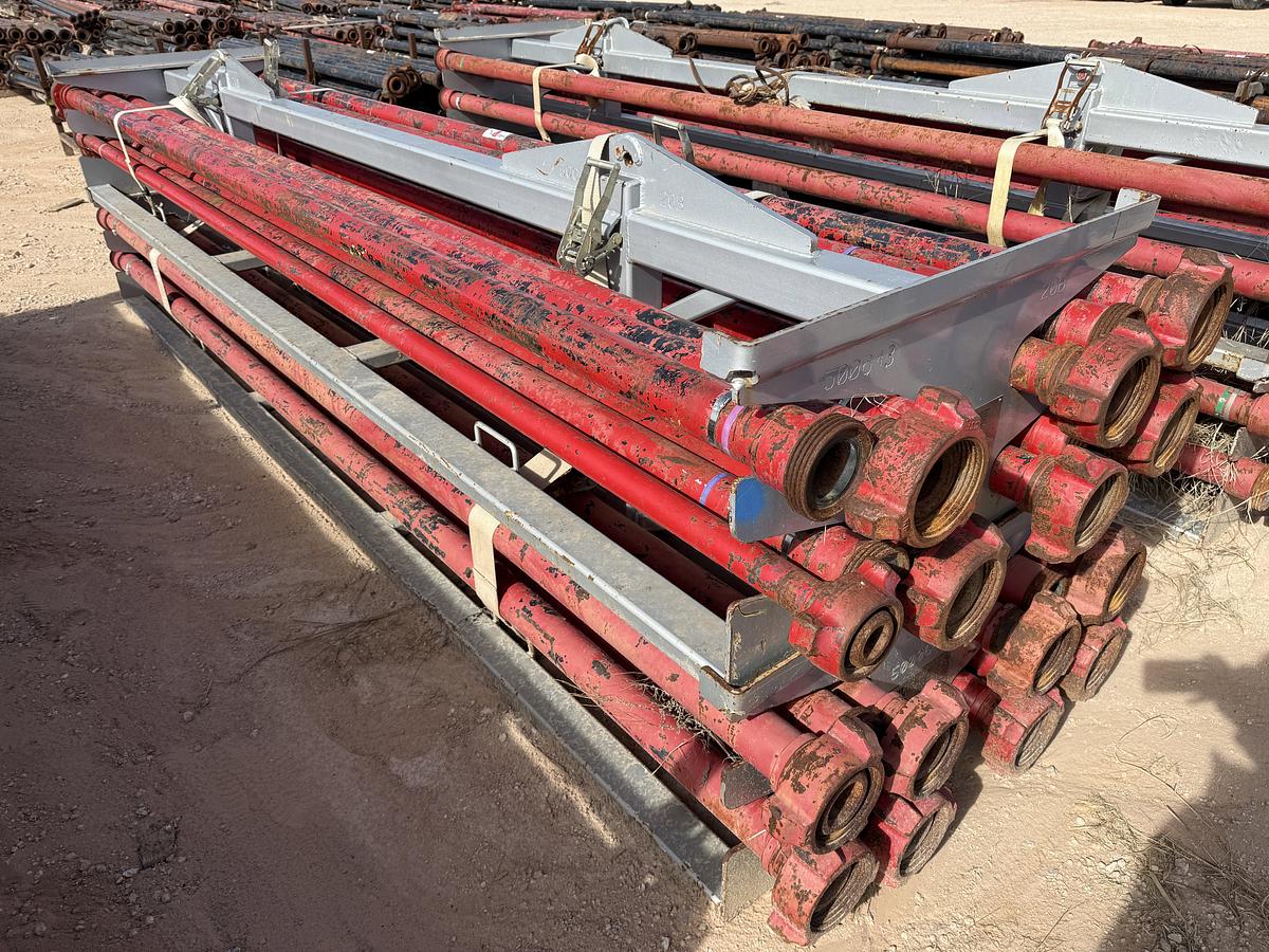 Used (24 X $) 3” X 15’L FIG 1502 15K WP FLOW IRON W/ (2) 2-TIER STACKABLE PIPE RACKS