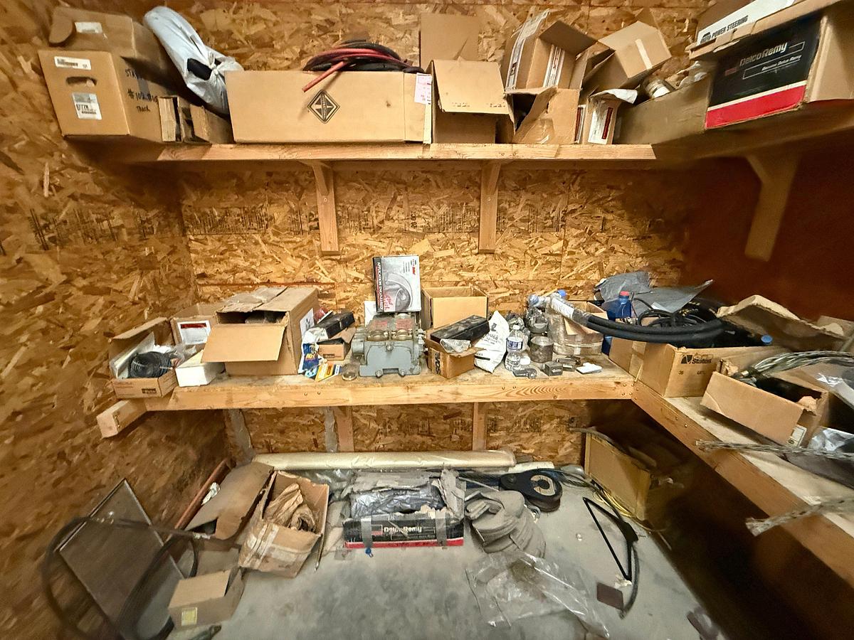 Used PARTS ROOM W/ CONTENTS OF, ROD ELEVATORS, SNATCH BLOCK, HYD VALVE BANK, (8) SHARK TOOTH BITS, JASK STANDS, FUEL PUMP, & RELATED