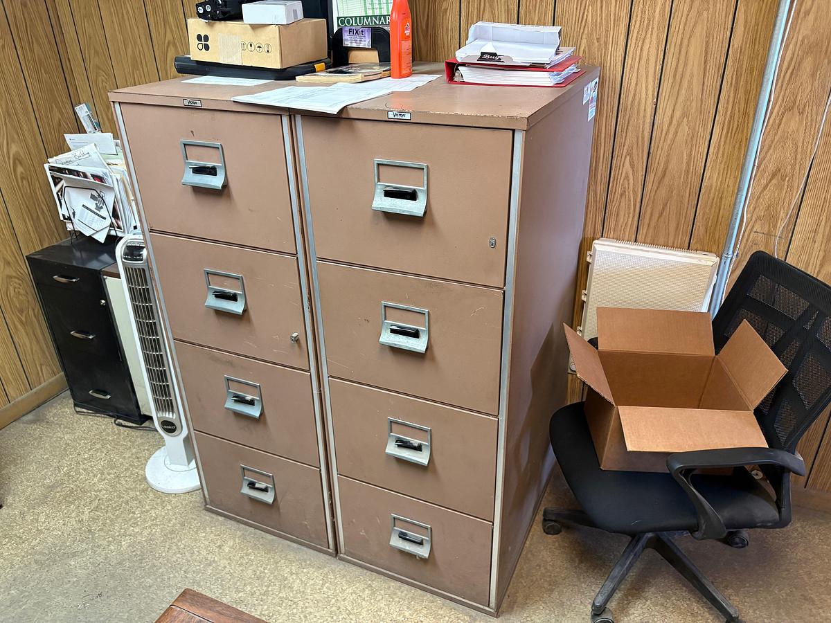 Used (3) Victor 4-drawer fire proof filing cabinets & 5’ x 30” x 28” desk