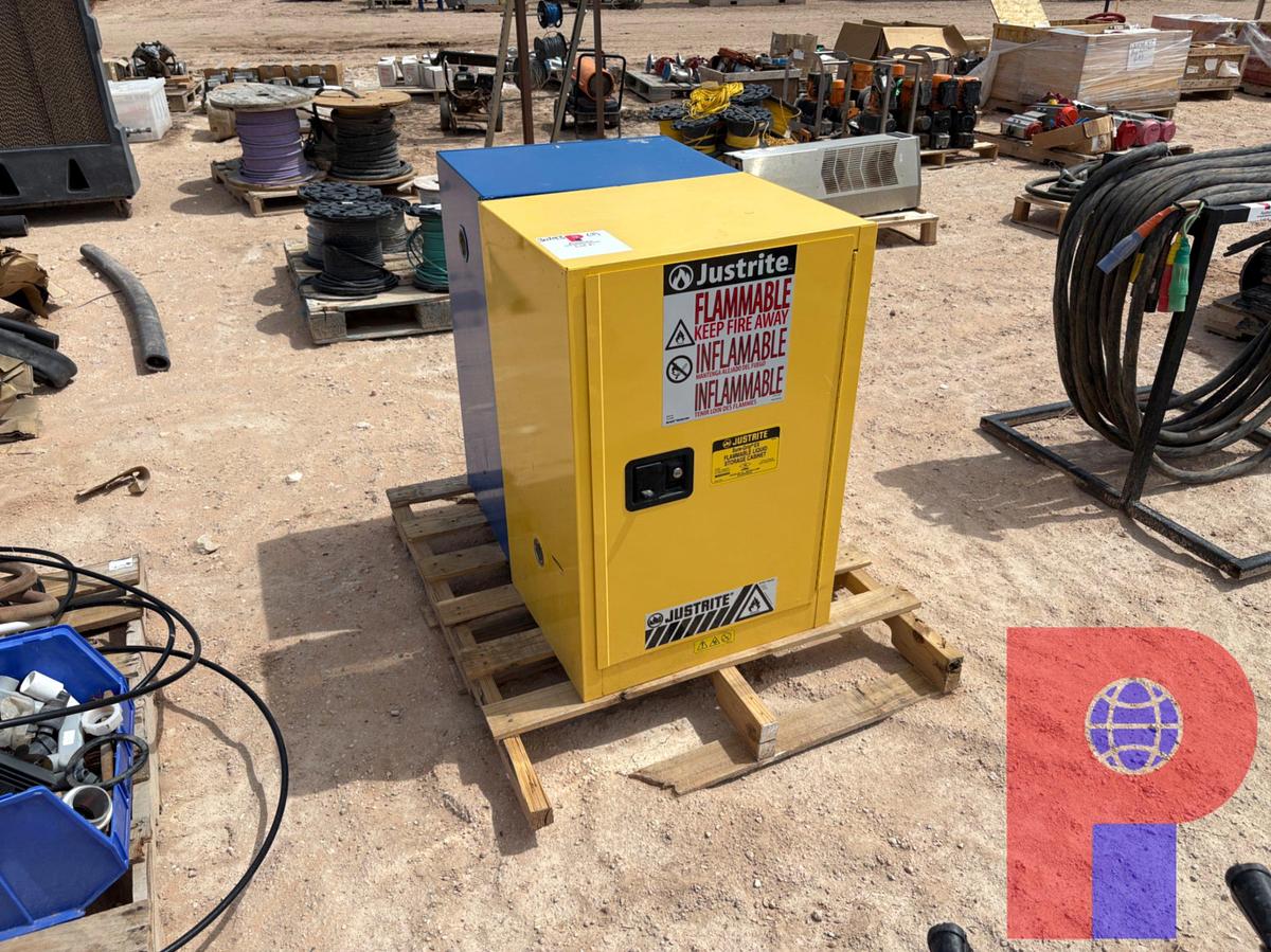 Used (2) 2’ X 1.5’ X 3’ FLAMMABLE STORAGE CABINETS & (2) PALLETS OF MISC. ELECTRIC COMPONENTS, DEGREASER, AIR HOSE, ETC