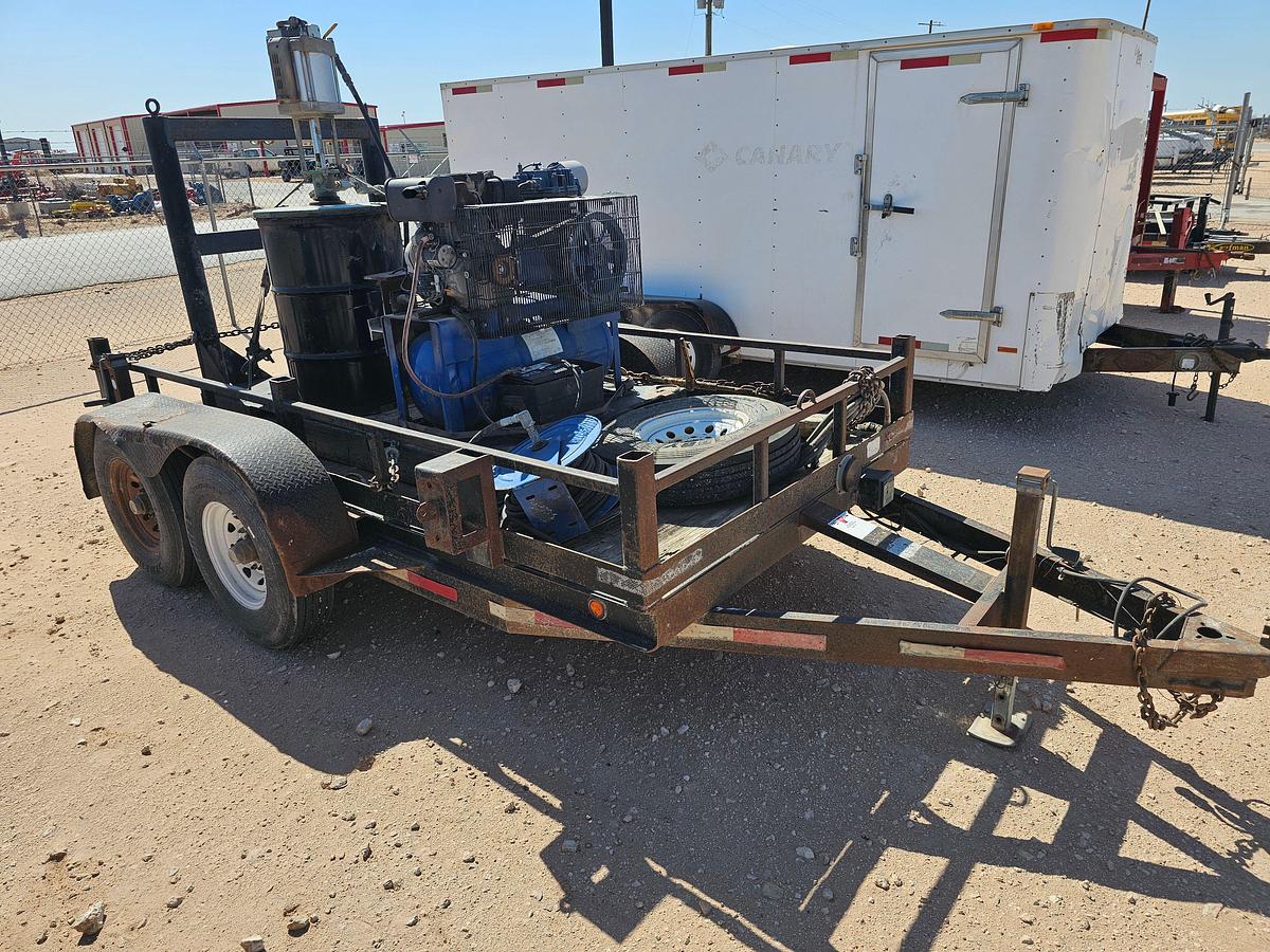 Used Portable pneumatic grease pump mtd on 12’ x 6’ shopbuilt t/a bumper pull trailer