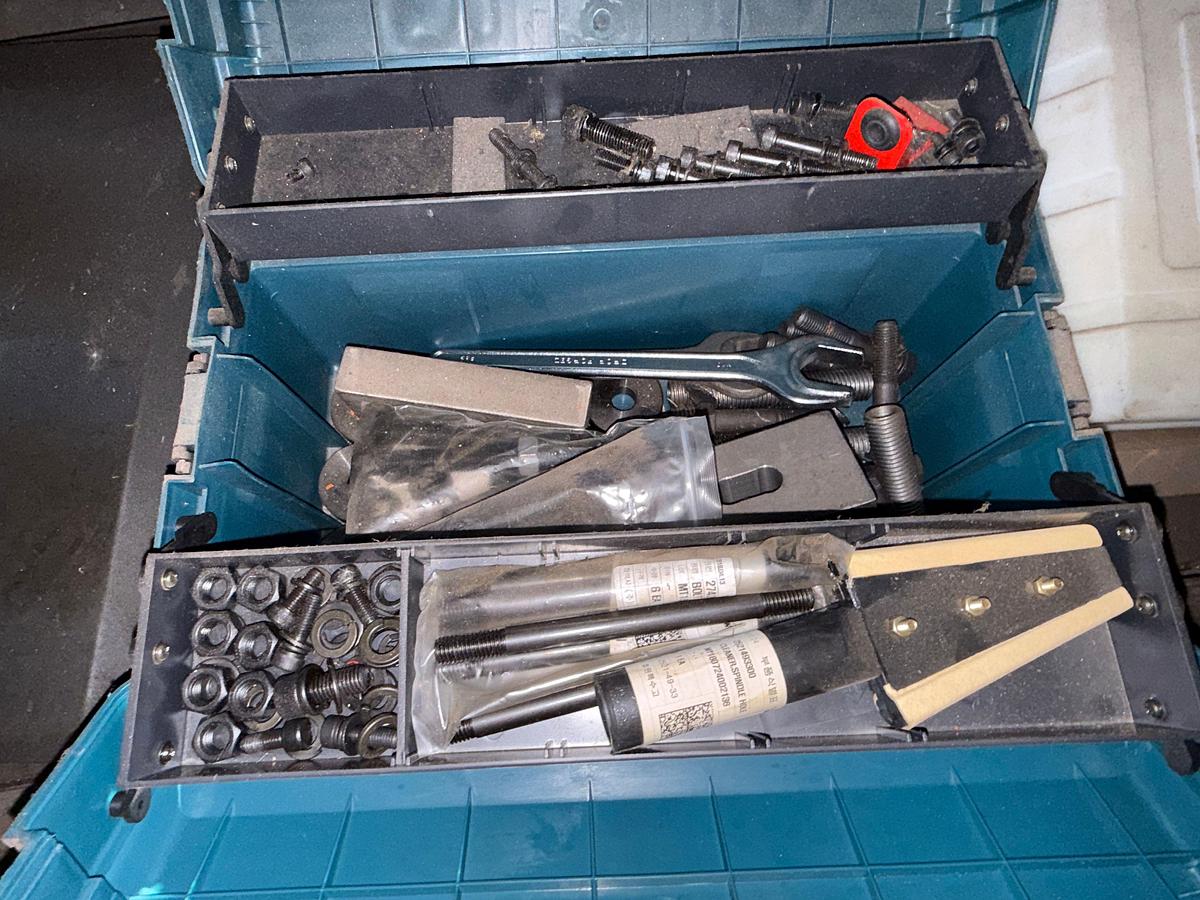 Used SECTION W/ (2) WORK BENCHES, SMALL METAL CABINET INCLUDING CONTENTS OF MACHINE CUTTING TOOLS, SOME HAND TOOLS, & RELATED
