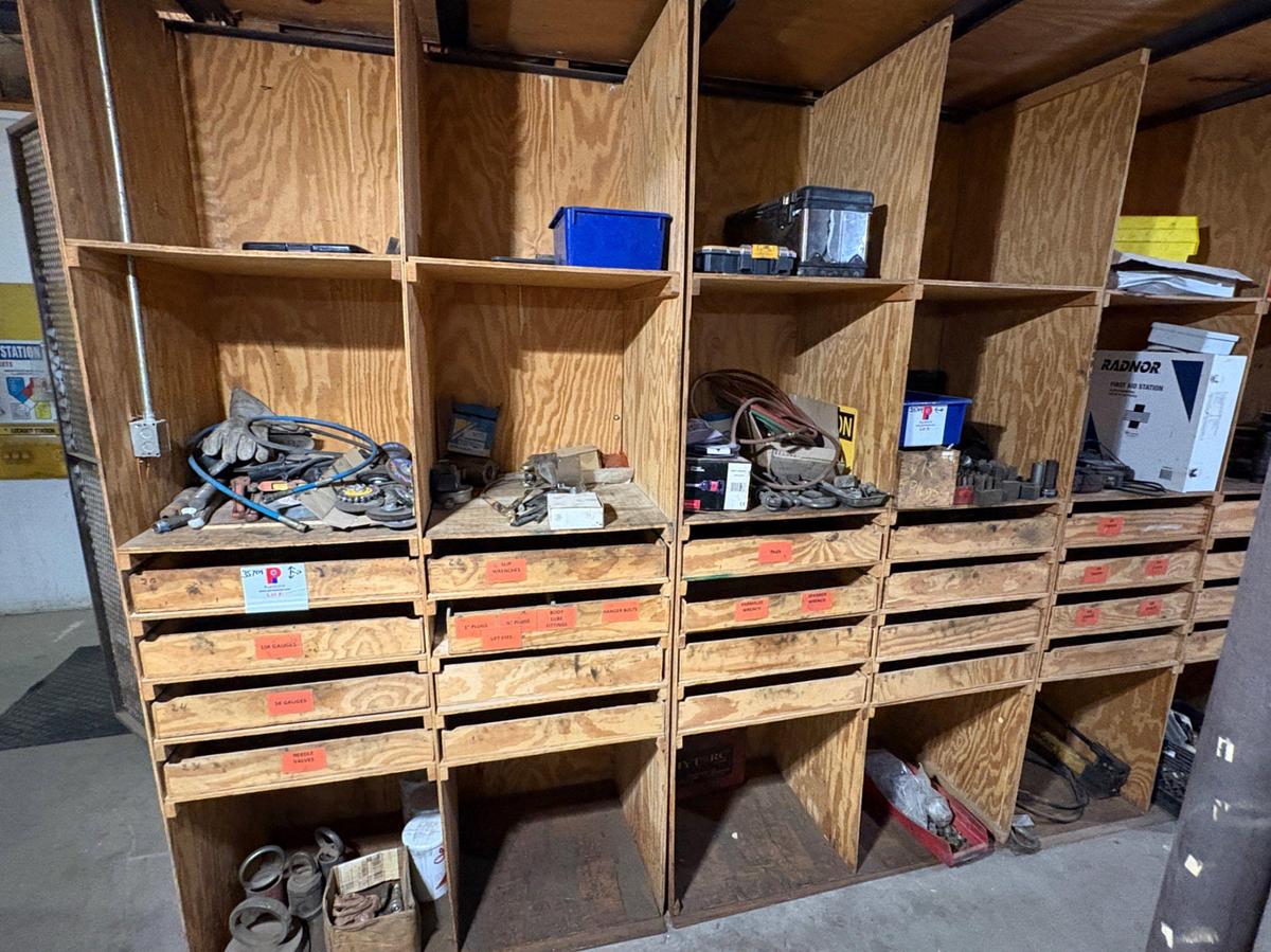 Used (6) shelves of assorted shop tools & valve parts