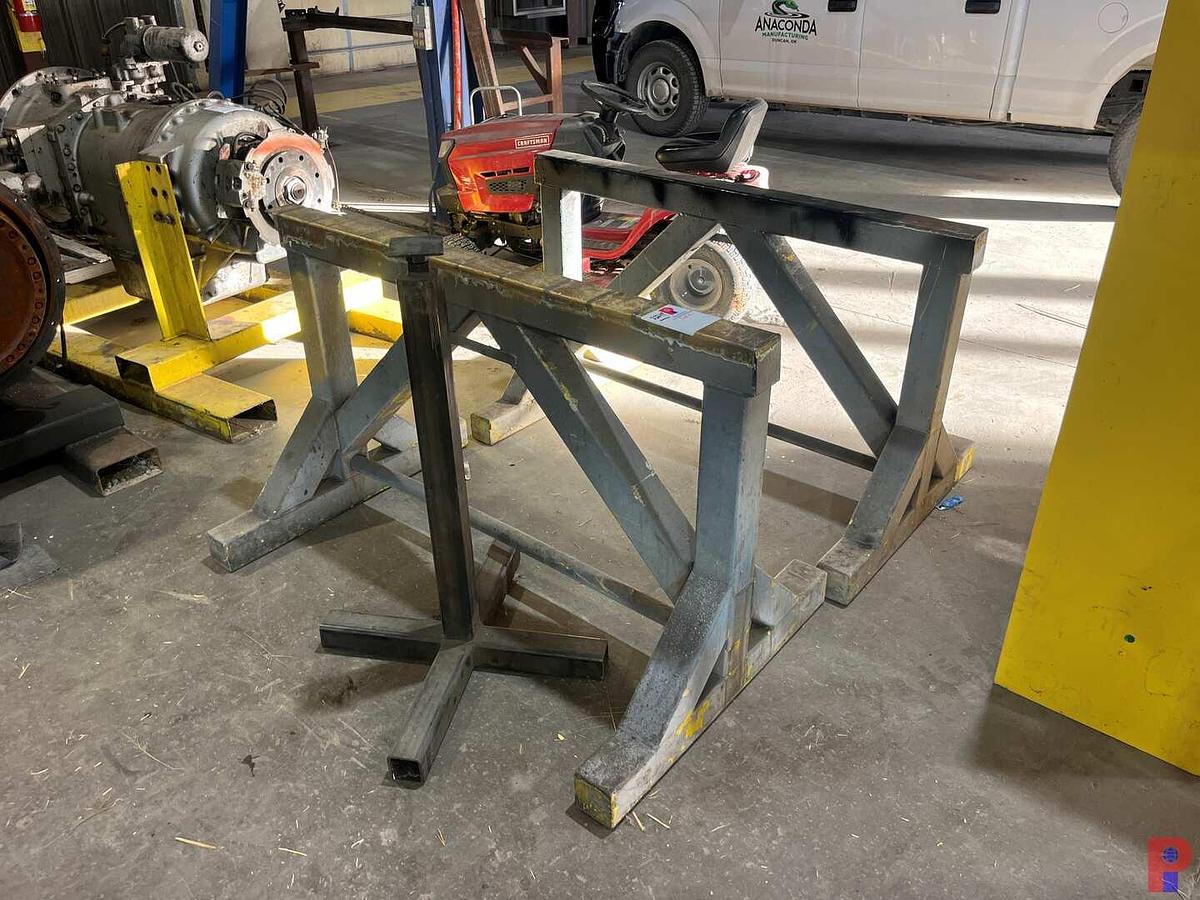 Used (2) 5’X36” METAL SAW HORSES & (1)ADJUSTABLE HEIGHT STAND