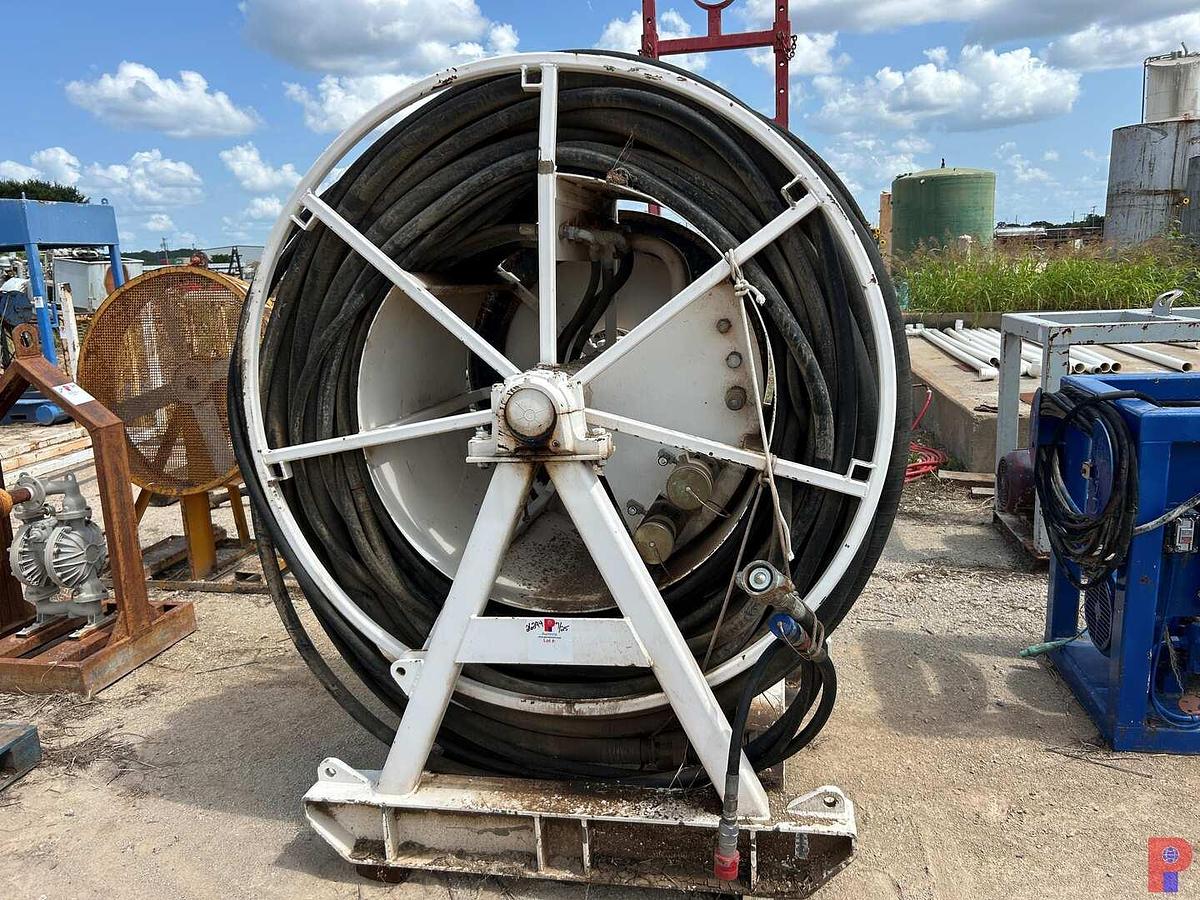 Used 72” DIA. X 34”W SKIDDED HYDRAULIC HOSE REEL W/ 3-SIZES OF HYD. HOSE