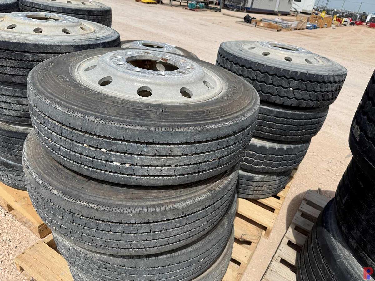 Used (8) 255/70R22.5 TIRES W/ ALUMINUM / STEEL BUD WHEELS