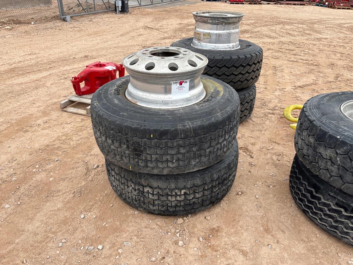 Used (2) 425/65R22.5 TIRES & (3) 10-LUG ALUMINUM WHEELS