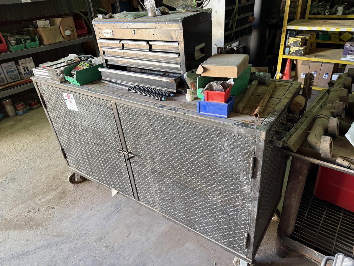 Used (1) 72”L X 24”W X 36”H METAL SHOP BUILT ROLLING TOOL CART & (1) 62”L X 32”W X 36”H METAL WORK BENCH TABLE W/ ELEC. 8” GRINDER