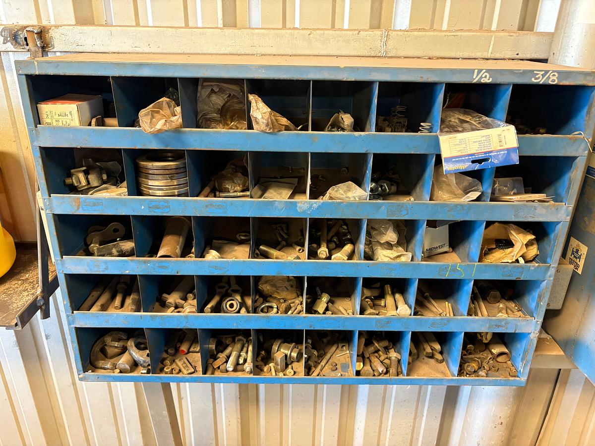 Used 37” x 26” x 34” table w/ assorted drill press chucks, drill bits, tap & dies, & assorted bolts