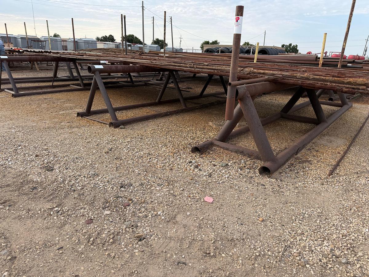 Used (4 X $) 16’L x 32” TRIANGULAR PIPE RACKS W/ PIPE STAYS (SOME RUSTED THRU ON BOTTOM)