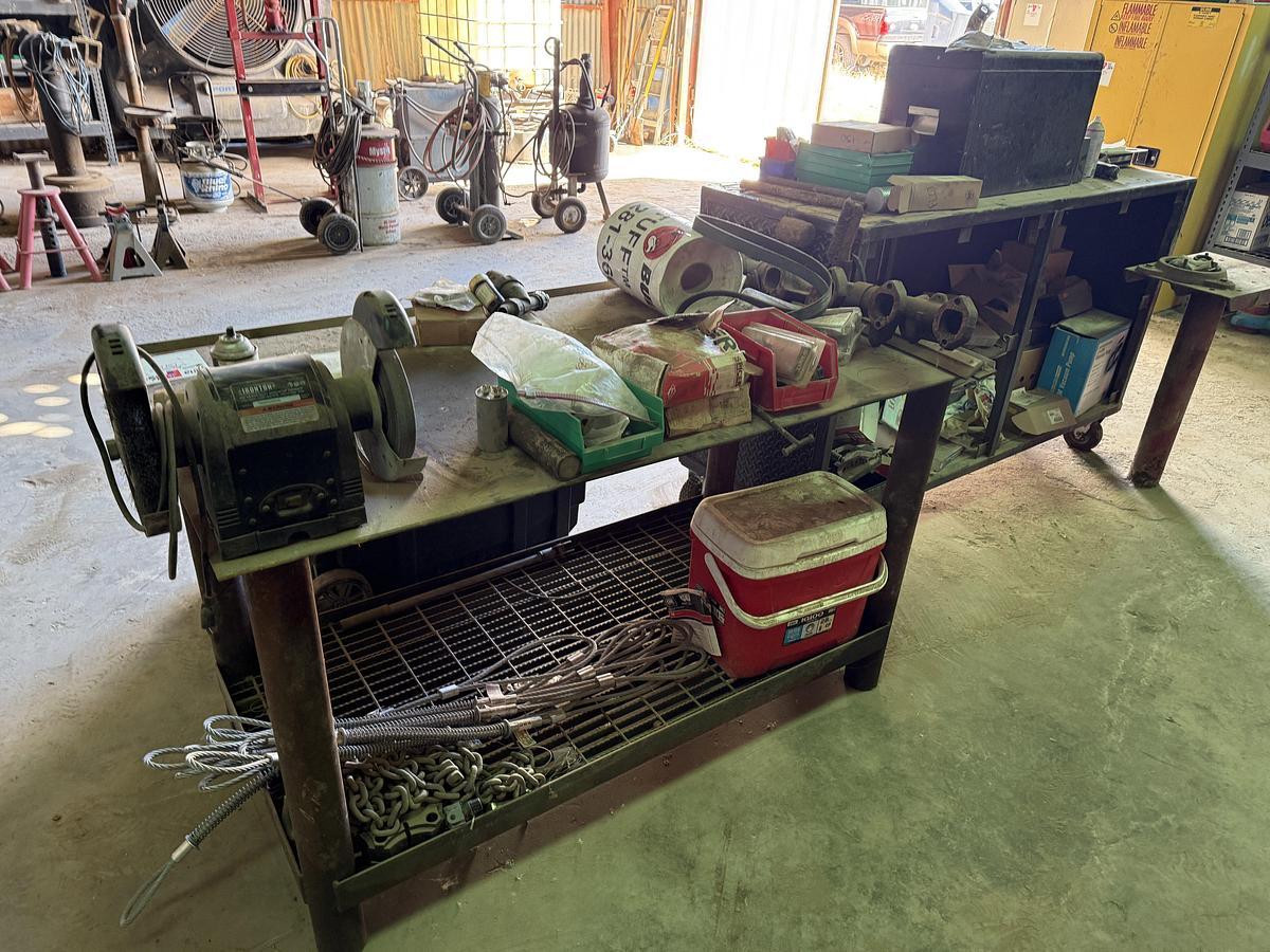 Used (1) 72”L X 24”W X 36”H METAL SHOP BUILT ROLLING TOOL CART & (1) 62”L X 32”W X 36”H METAL WORK BENCH TABLE W/ ELEC. 8” GRINDER