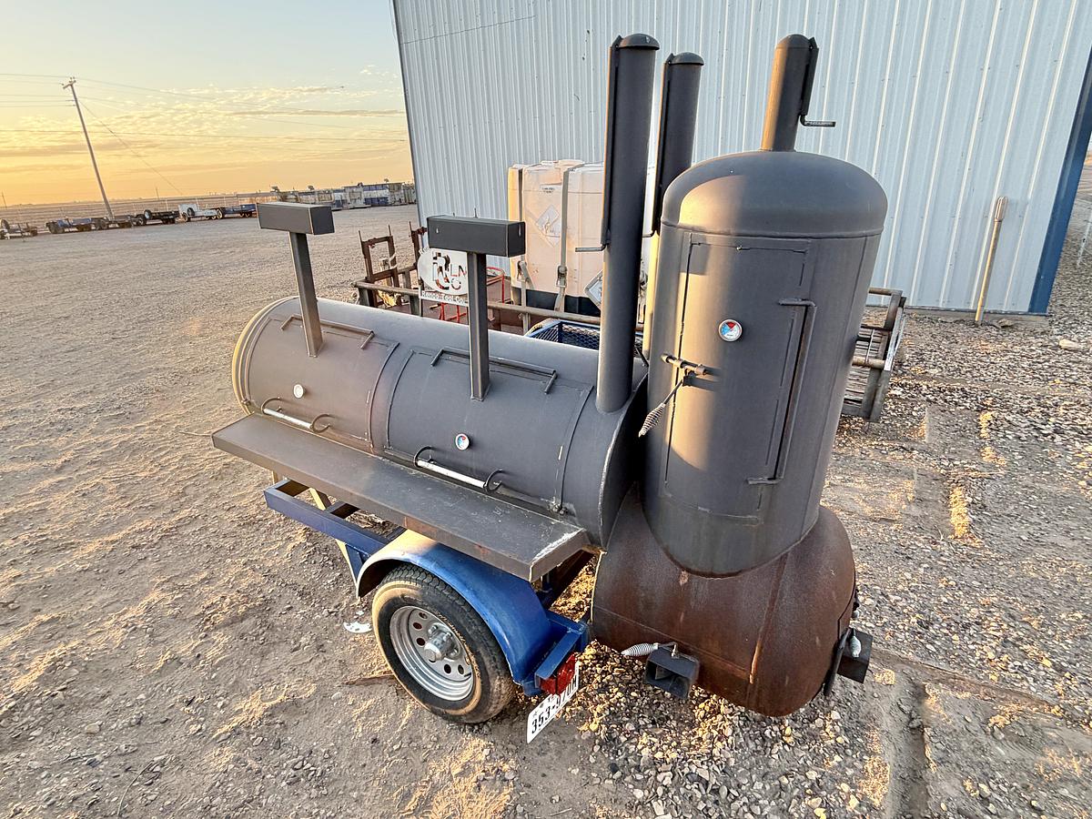 Used 2013 JOHNSON SMOKERS 9' 2-COMP. DOUBLE STACK SLIDE OUT RACKS, W/ REAR VERTICAL 4-RACK SWIVEL WOOD SMOKER BBQ PIT & GRILL