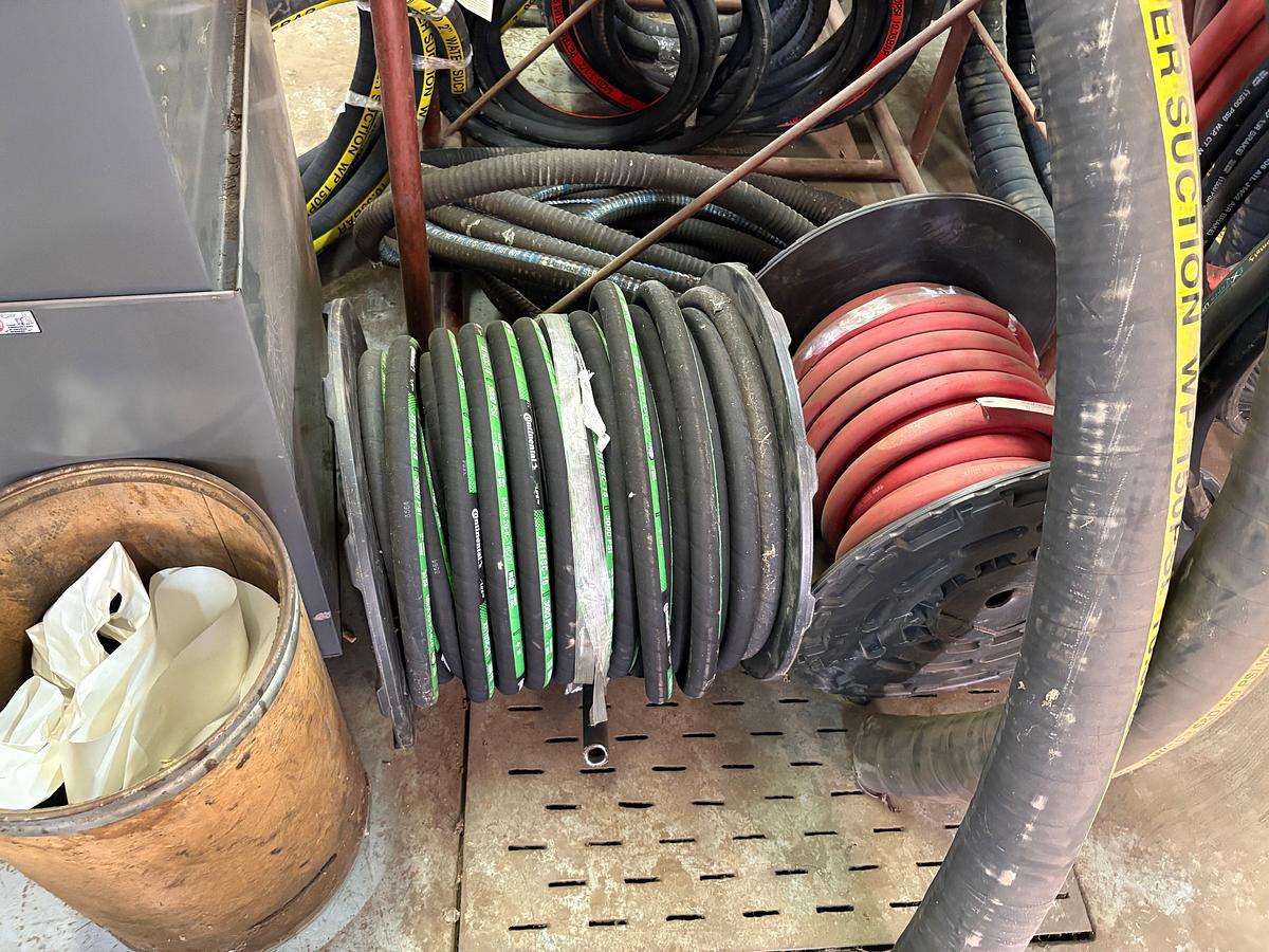 Used 8’ x 4’ x 4’ rack w/ assorted vacuum, hydraulic, & rubber hoses