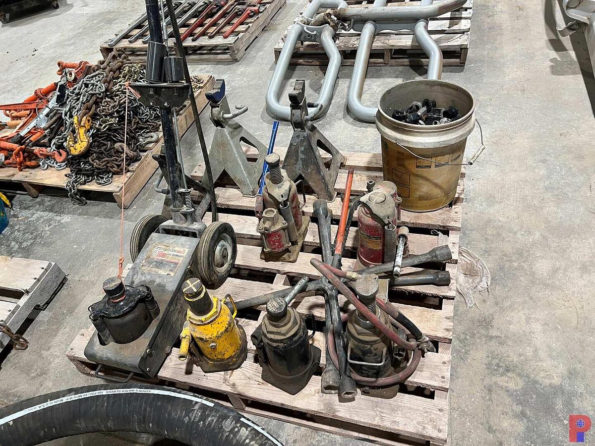 Used TWO PALLETS W/ BOTTLE JACKS, JACK STANDS, ROLLING PNEUMATIC LINE PAINTER & SEE DETAILS