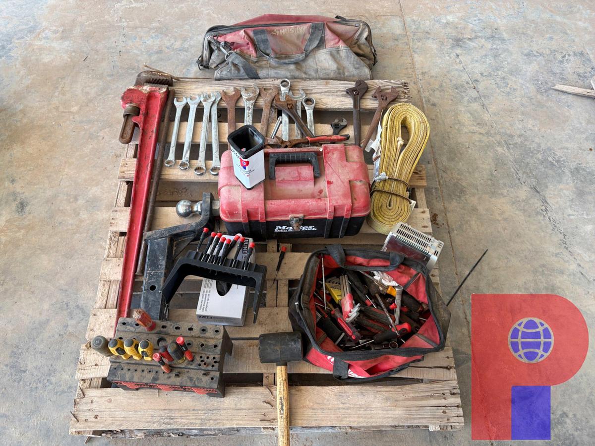 Used (2) PALLETS OF ASSORTED HAND TOOLS, HOSE FITTINGS, CONTROL PANEL SCREENS, CRATE W/ SAFETY HARNESSES