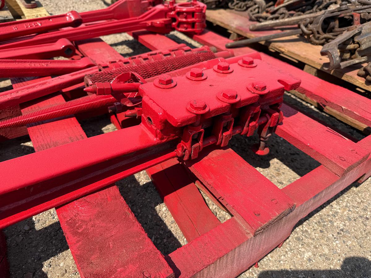 Used PALLET W/ (6) MANUAL TUBING TONGS, ROPE SOCKETS, TAPER TAP, WIRE ROPE T-CLAMP