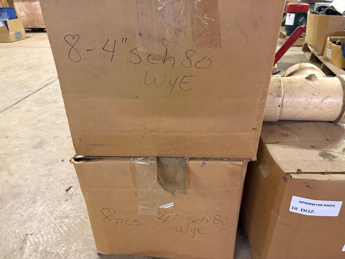 Used (3) boxes of unused 4” PVC “Y” fittings & assorted butterfly/ball valve handles