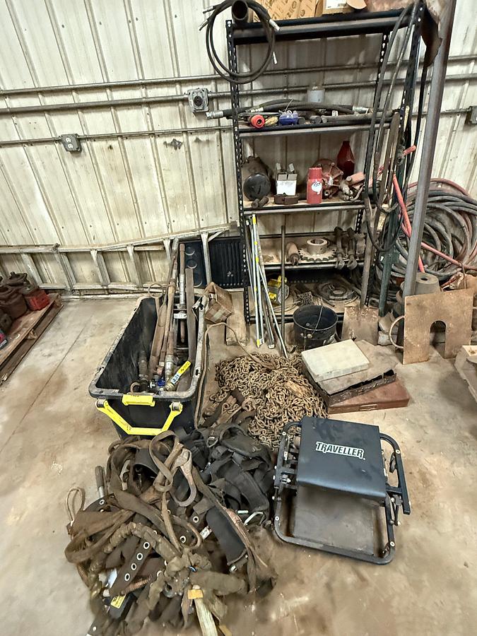 Used 5-SHELF RACK & CONTENTS INCLUDING FLOOR CONTENTS CHAINS, SAFETY HARNESSES, VALVES, FITTINGS, & RELATED