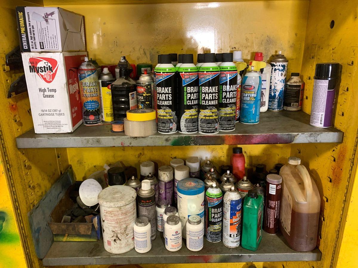 Used Cabinet and all it’s Contents ( Brake Parts Cleaner, Anti Seize Lubricant, Starting Fluid, PB Blaster, High Temp Grease)