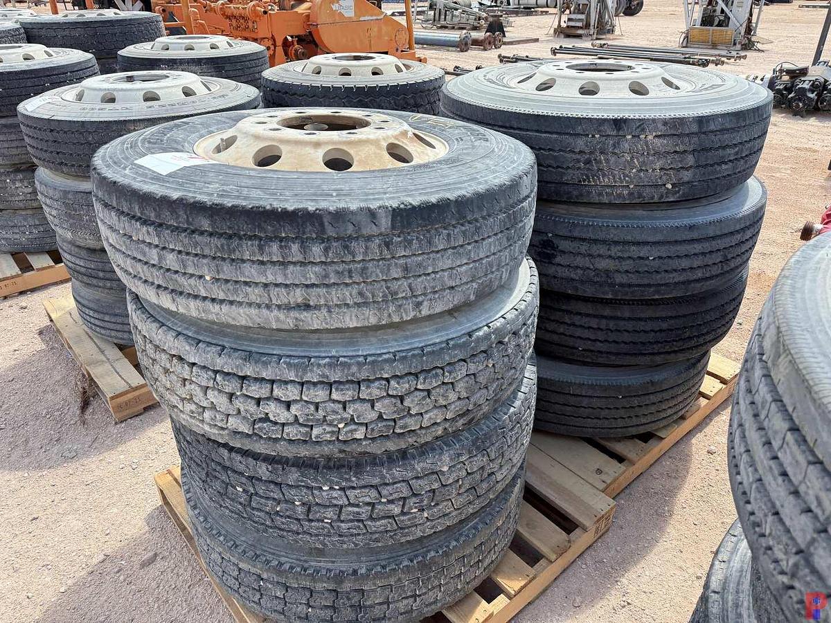 Used (8) 11R22.5 TIRES W/ ALUMINUM / STEEL PILOT WHEELS