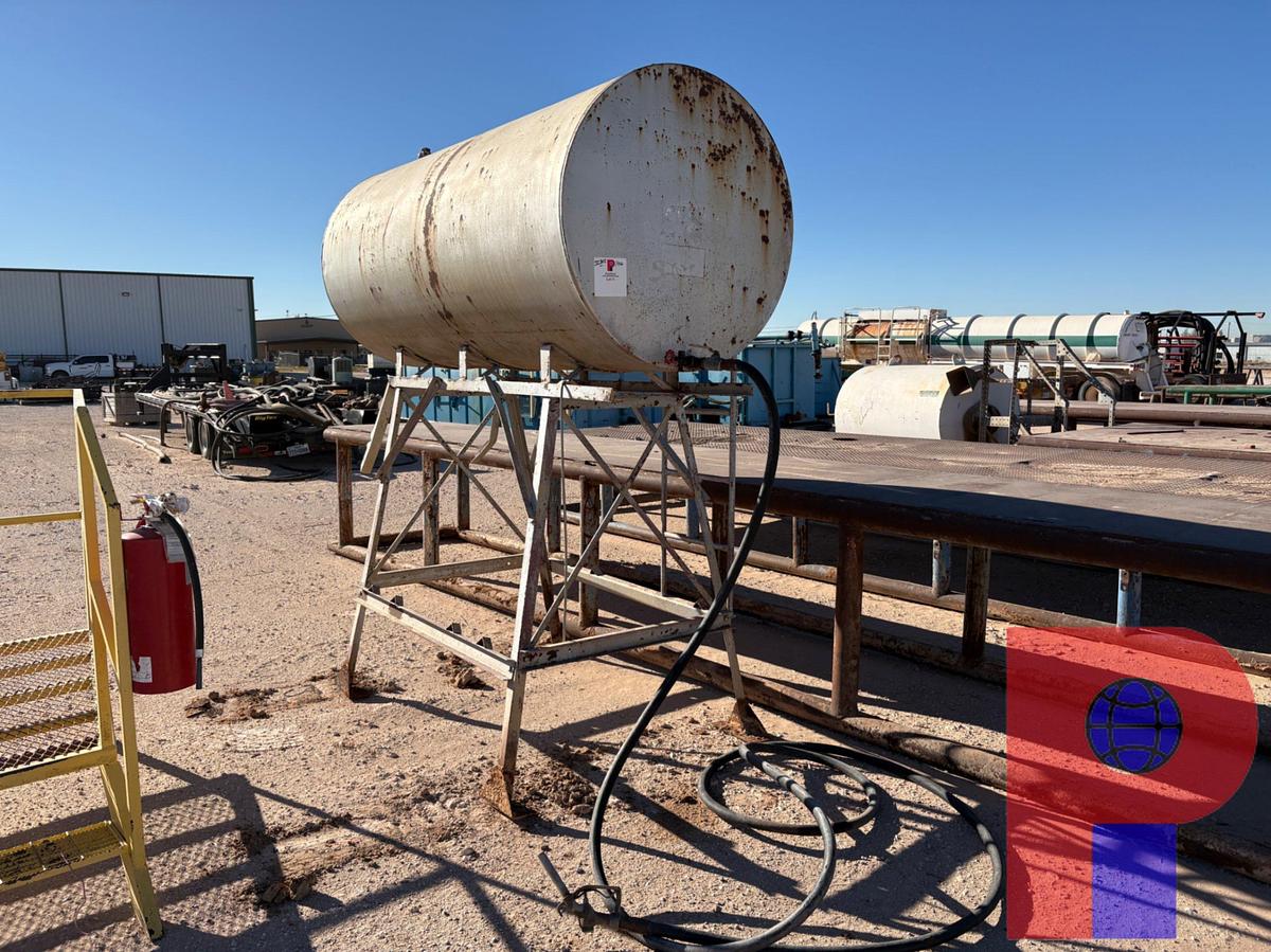 Used 8’ X 3.5’ GRAVITY FED FUEL TANK W/ (2) 18”H WORK PLATFORMS & 150GAL POLY TANK