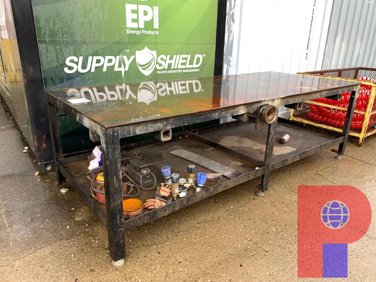 Used 10’ X 4’ X 3’ METAL SHOP TABLE W/ BOTTOM STORAGE SHELF
