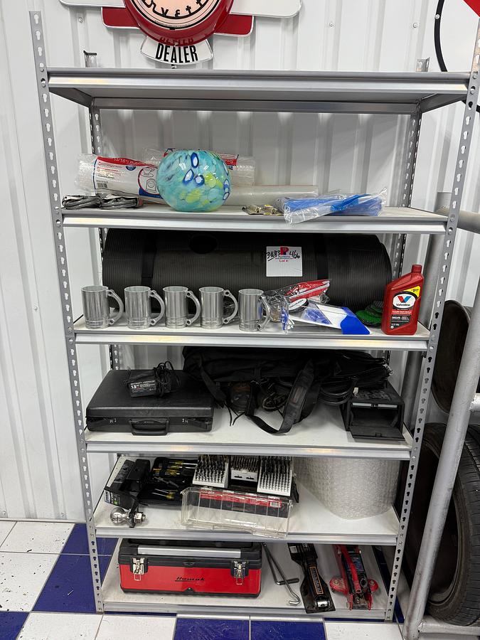 Used 6- SHELVE RACK W/ CONTENTS OF (5) CUSTOM SNAP ON SOCKET CUPS, DRILL BIT SET IN BOX, TOOL BOX, PUTTING TURF, (2) FLOOR JACKS