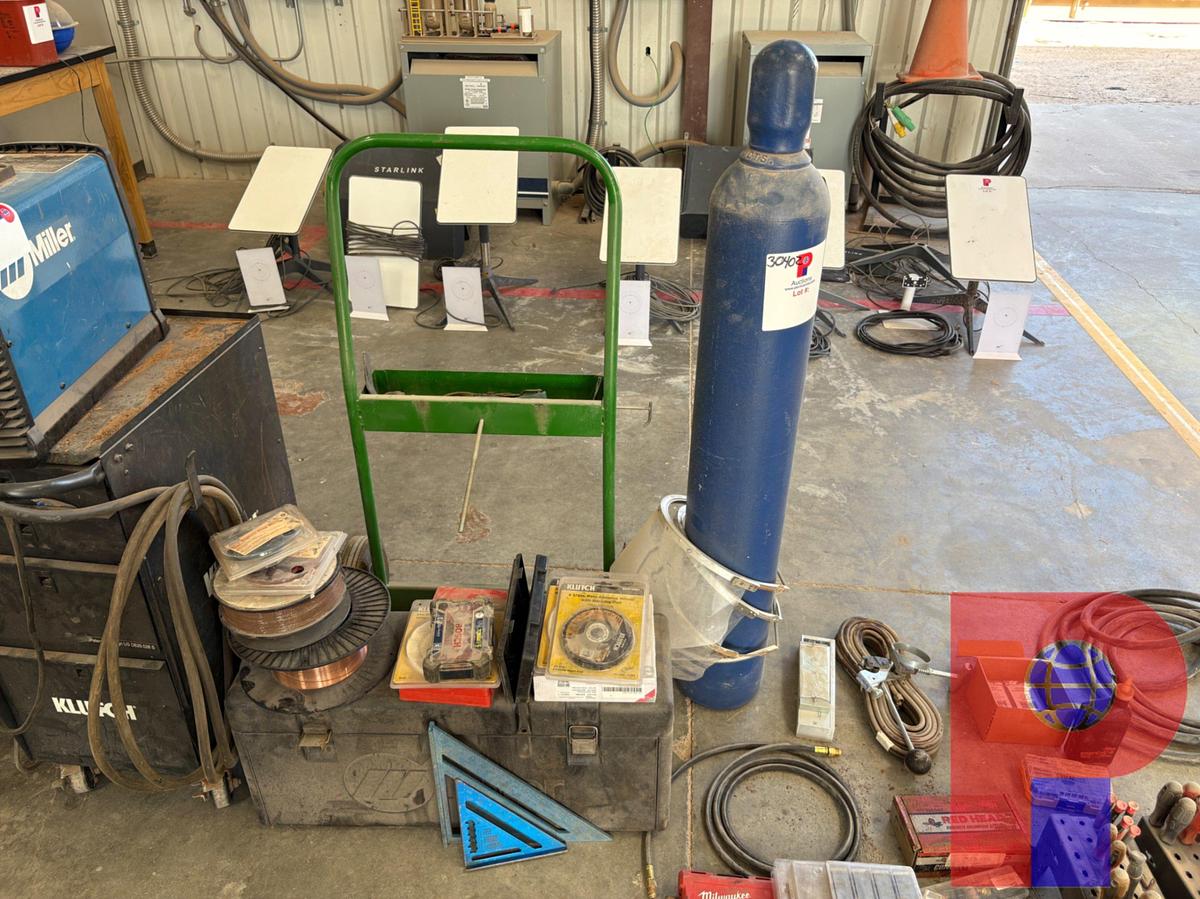 Used LOT OF ASSORTED HAND TOOLS, COMPRESSED GAS BOTTLE & DOLLY, SURFACE PREP DISC, WELDING WIRE, ETC