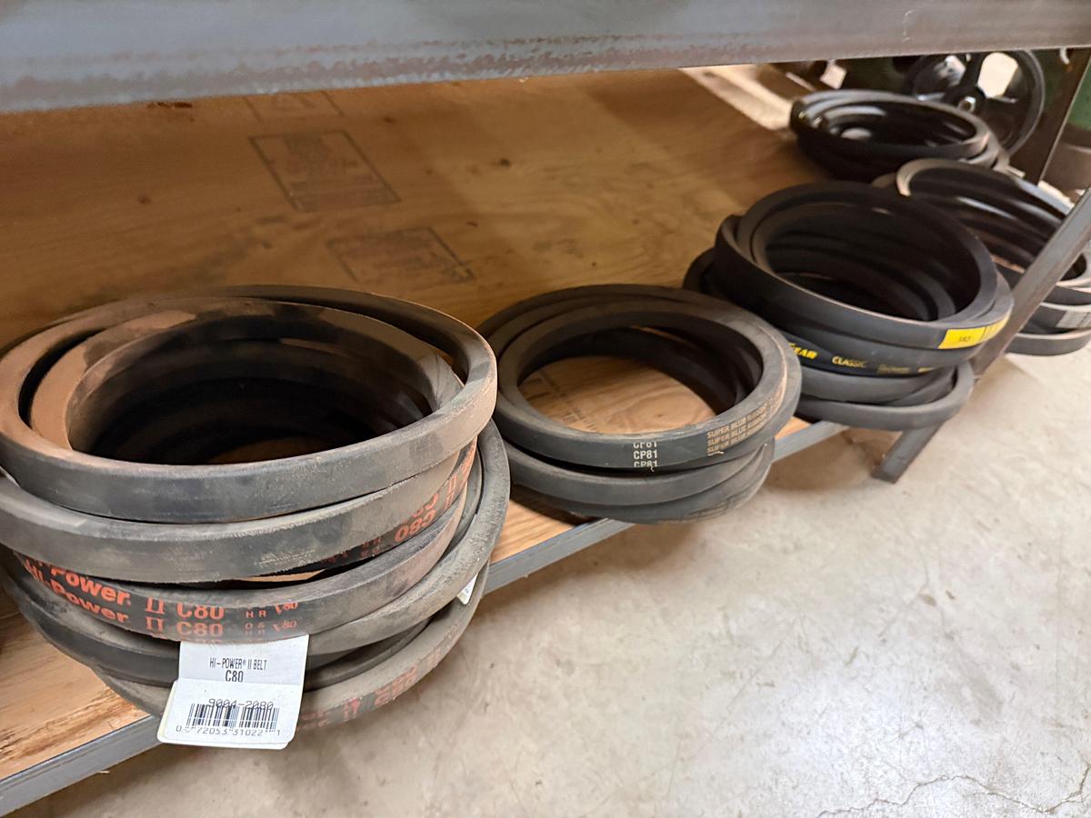 Used SECTION OF (100+) MOSTLY GOODYEAR C,D,& B-SECTION V-BELTS & (4) POWERBAND V-BELTS, SIZE RANGE C60 THRU C206 & D-210