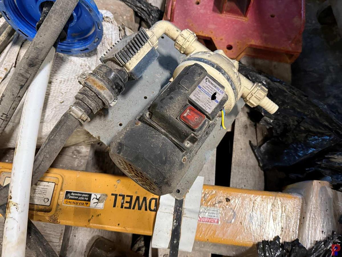 Used LOT W/ (2) ROLLING PARTS CARTS, (2) DOLLIES, HEADLAND METER, PORT A POWER FOOT PUMP, & HOSE,,  PNEUM. FLUID PUMP, 42” SHOP FAN