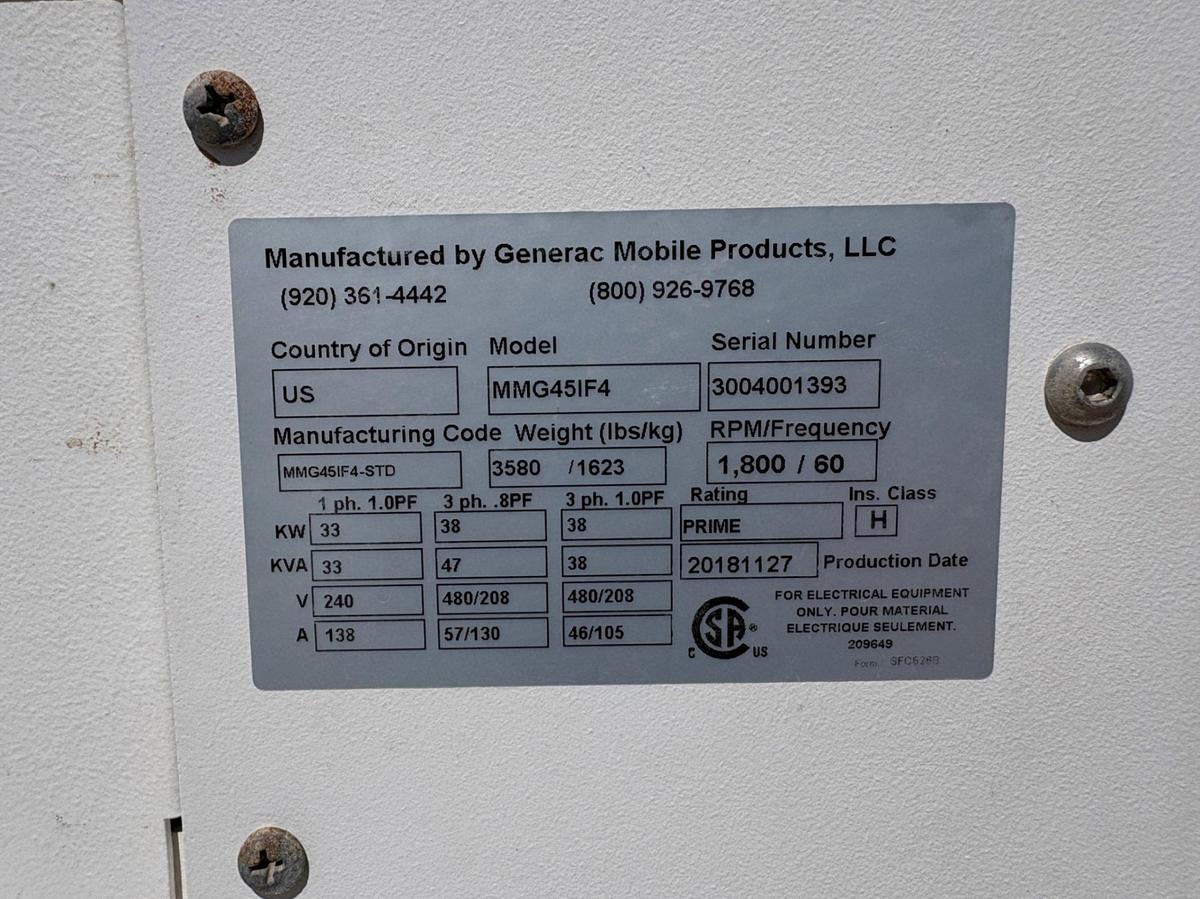 Used 2018 GENERAC MOBILE PRODUCTS MMG45IF4-STD 38KW S/A BUMPER PULL GENERATOR
