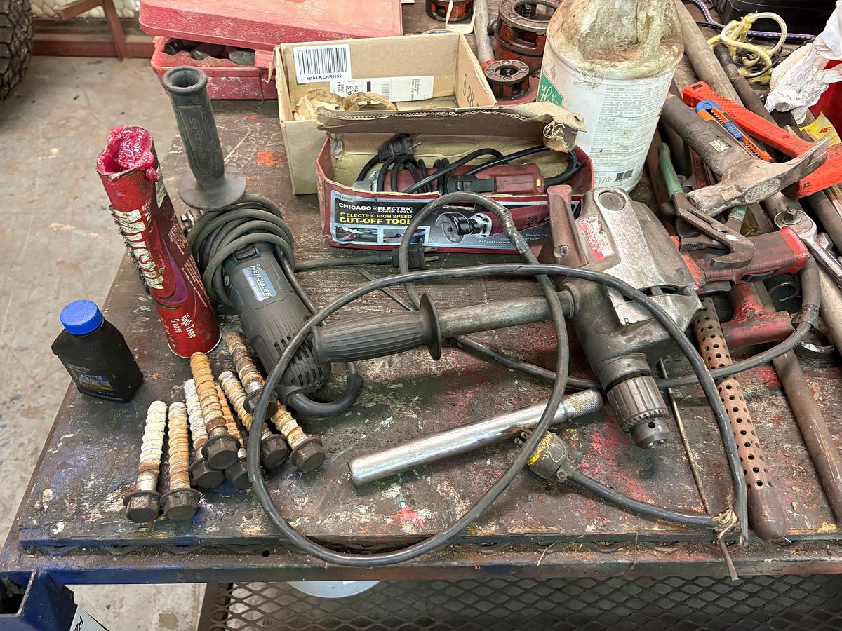 Used 98” x 52” x 36” shop table w/ contents