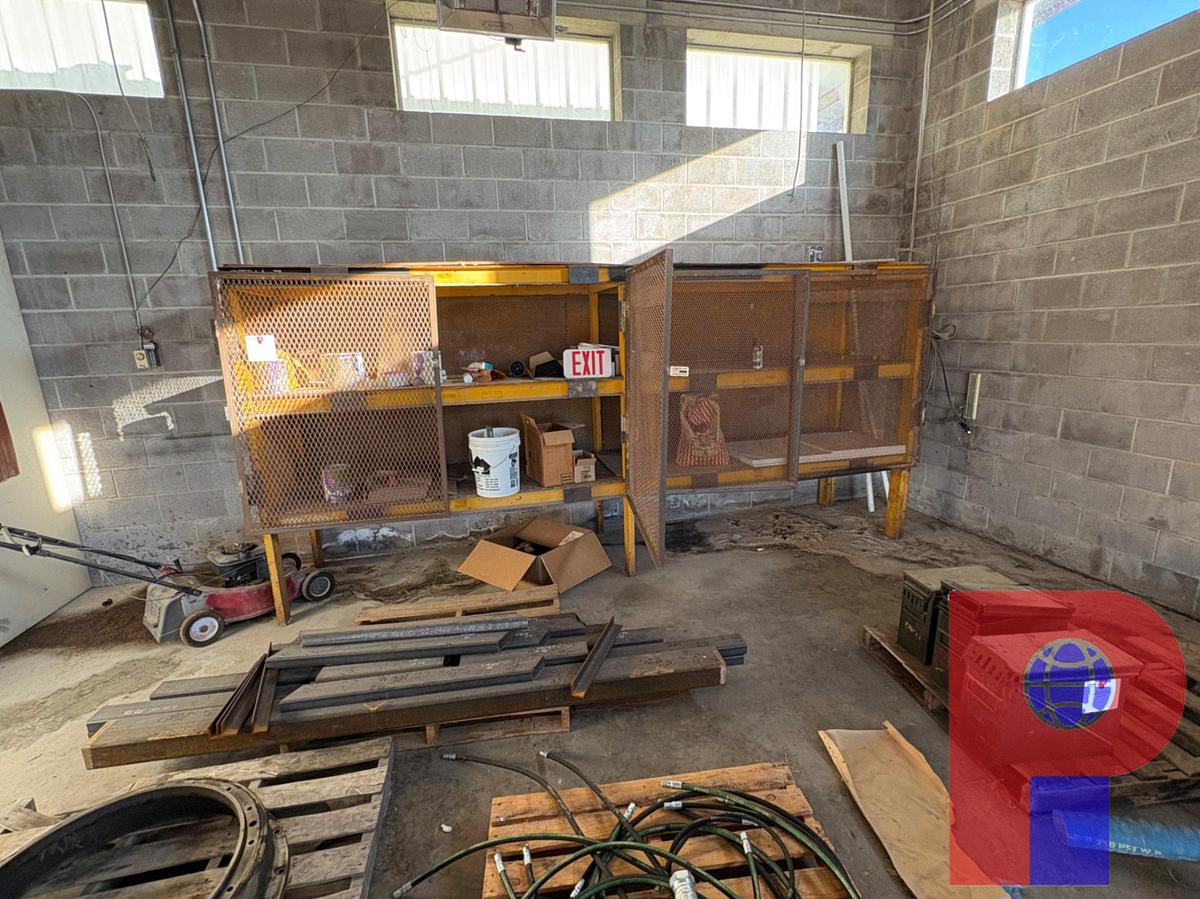 Used LOT OF ASSORTED ENGINE PARTS, HYDRAULIC & SUCTION HOSES, IRON, SHELVING, ETC.