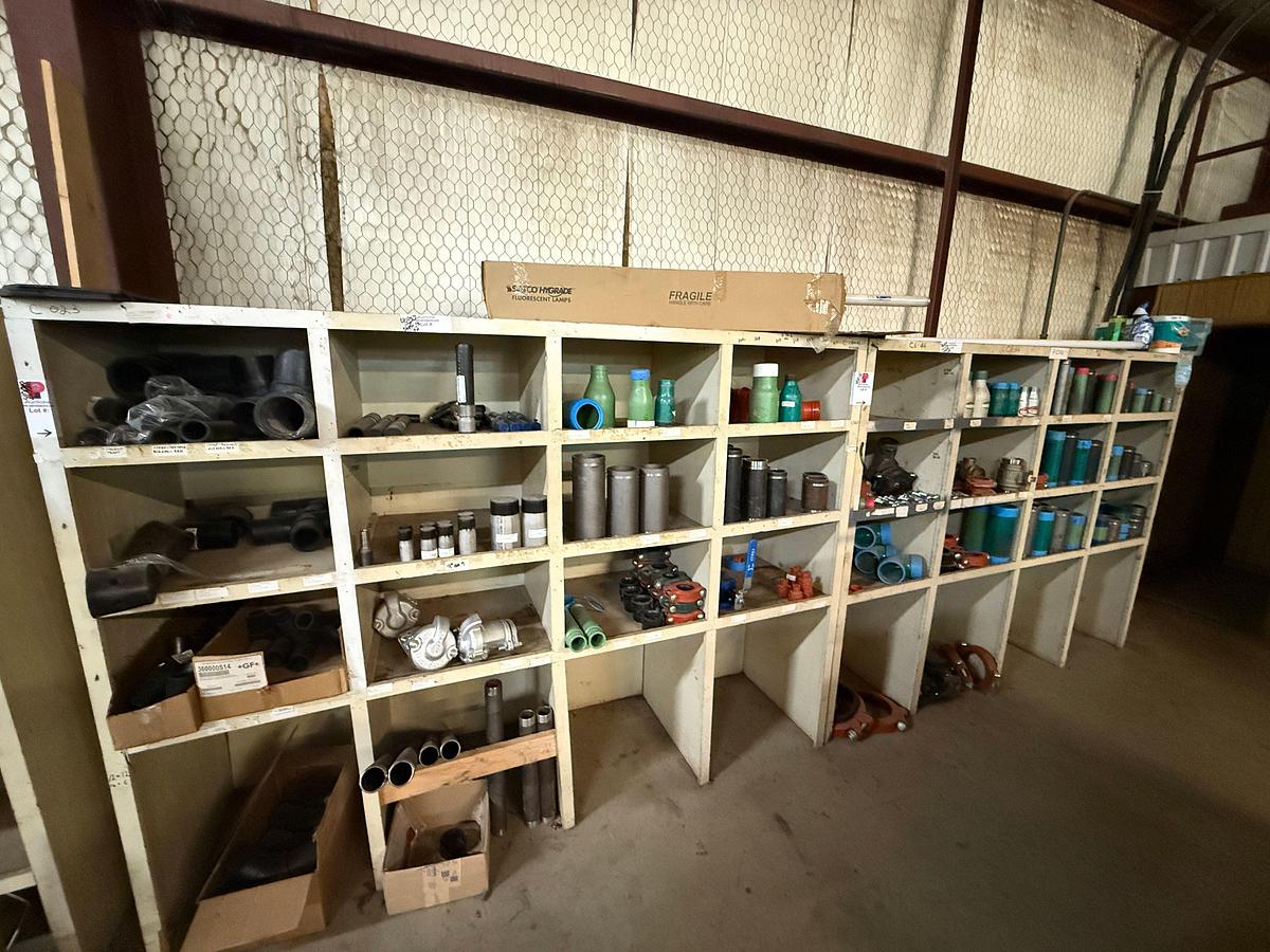 Used (2) 8’ x 2’ x 6’ 16-BIN WOOD PARTS SHELVES
