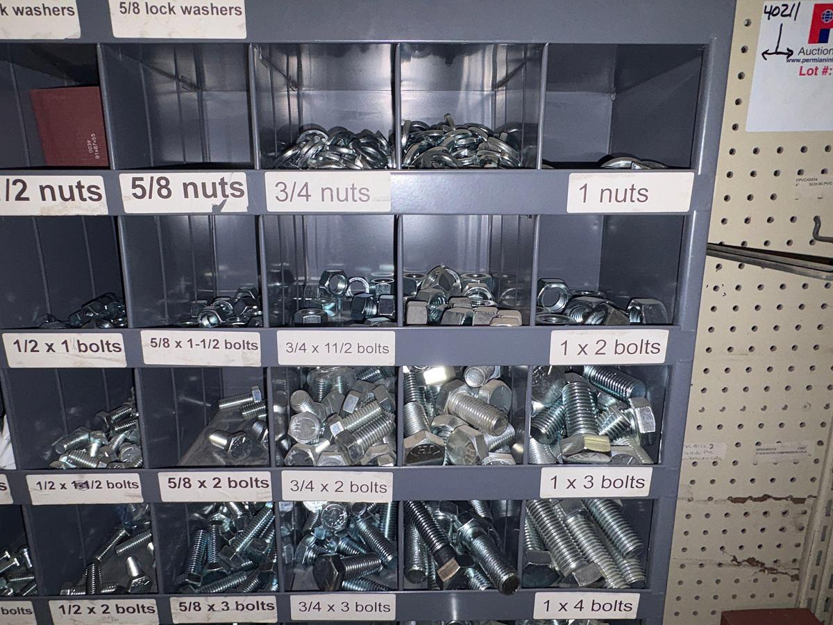 Used Bolt bin w/ (1000+) unused nuts, bolts, & washers
