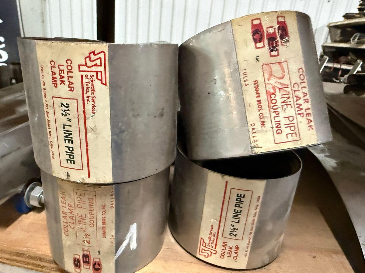 Used 5-SHELF RACK W/ CONTENTS OF PVC BALL VALVES & UNIONS, NETCO COLLAR LEAK REPAIR CLAMPS, (14+) BOXES 5/8” THRU 1” STUDS & NUTS