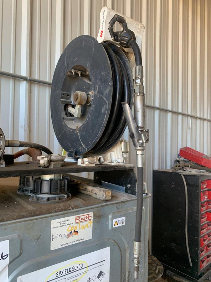 Used (2) ROTH 275 Gal Stainless Totes w/ Samson Pump Air PumpMaster and 50’ Hose Reel