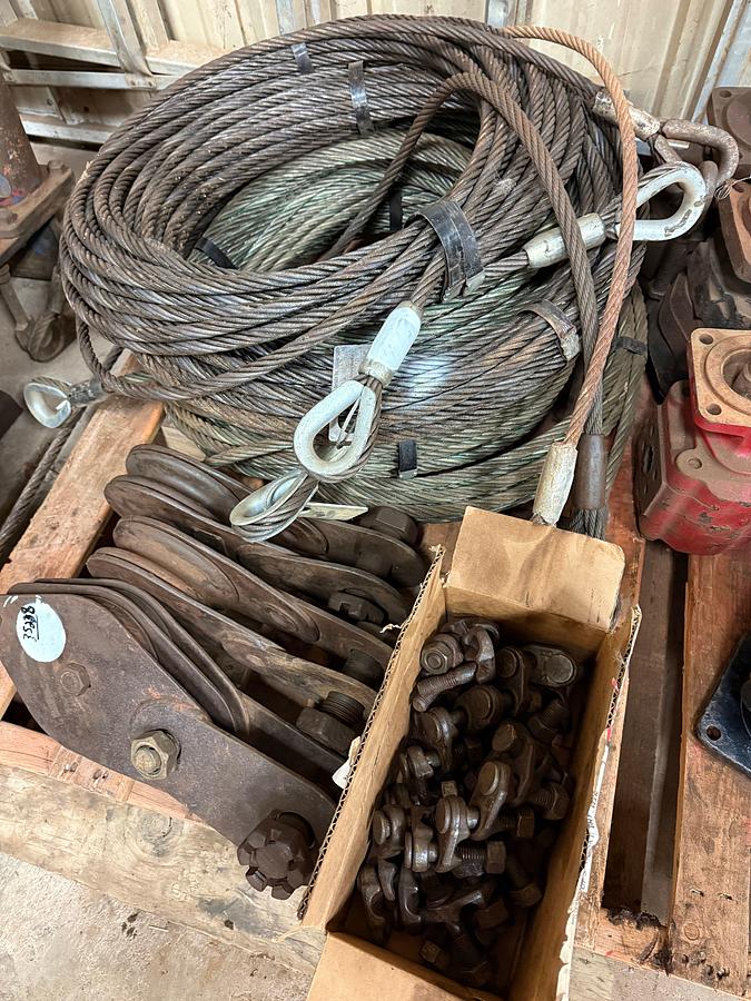 Used (5) BUNDLES OF 9/16” x 90’ CERTIFIED WIRE ROPE, (3) SNATCH BLOCKS, (14) ANCHORS, & BOX OF 9/16” WIRE ROPE FIST GRIP CLIPS