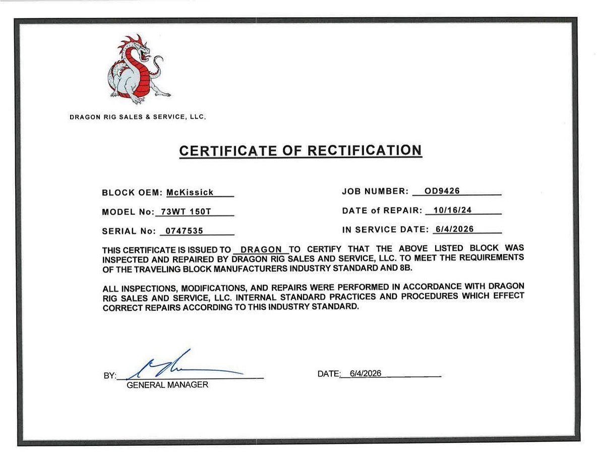 Used MCKISSICK 73 150-TON TUBING BLOCK (REBUILT & CERTIFIED 6/26 W/ PAPERWORK)