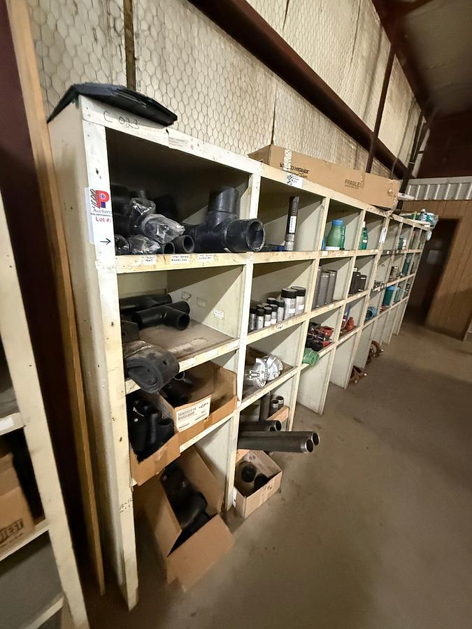 Used (2) 8’ x 2’ x 6’ 16-BIN WOOD PARTS SHELVES