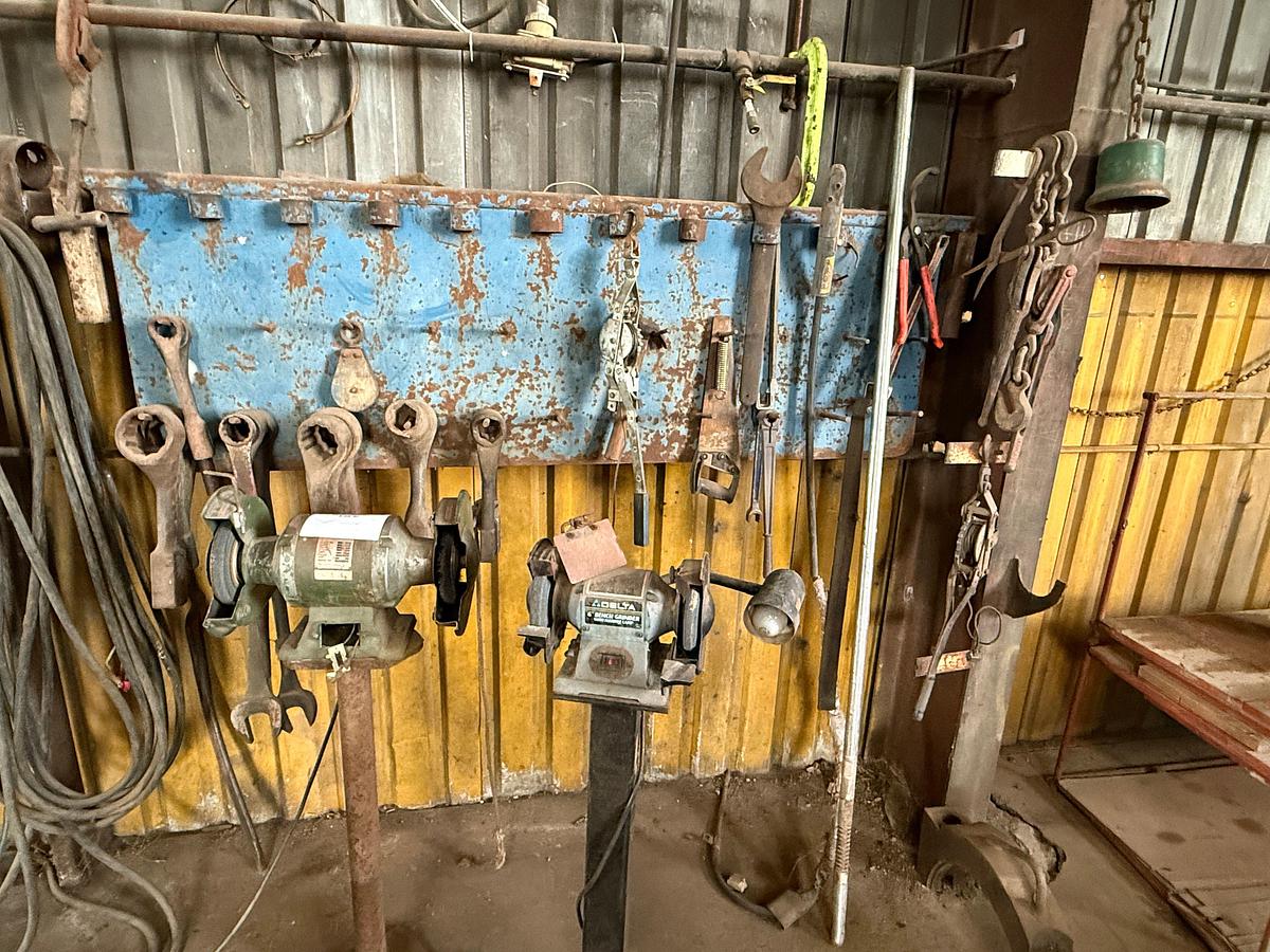 Used WALL SECTION W/ 8” & 6” ELETRIC BENCH GRINDER, WALL OF HAMMER WRENCHES & RELATED