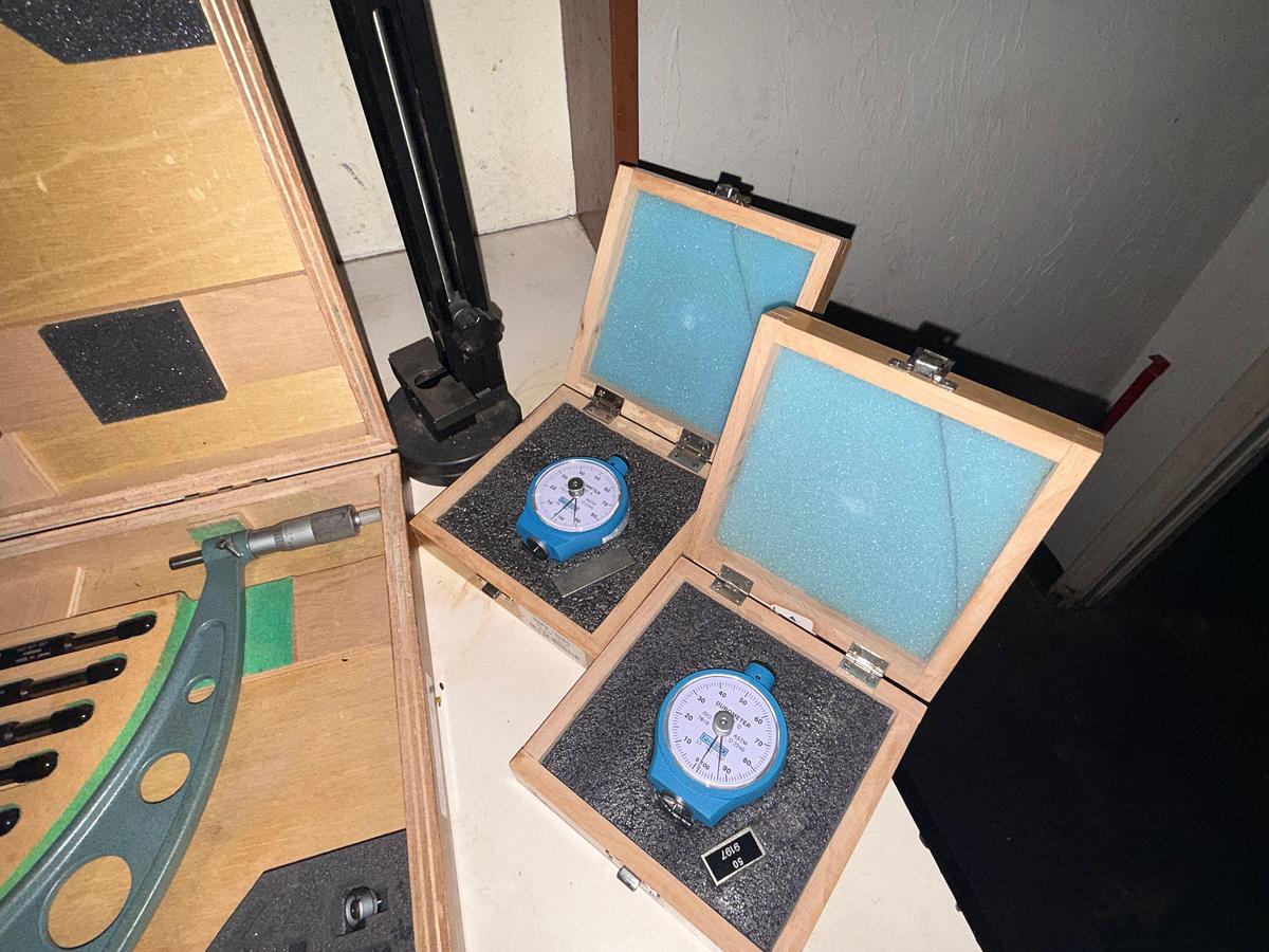 Used SECTION W/(4) MITUTOYO 2” THRU 10” DEPTH GAUGES, (1) MITUTOYO 12-18” OD MICROMETER, & (2) DUROMETER GUAGES